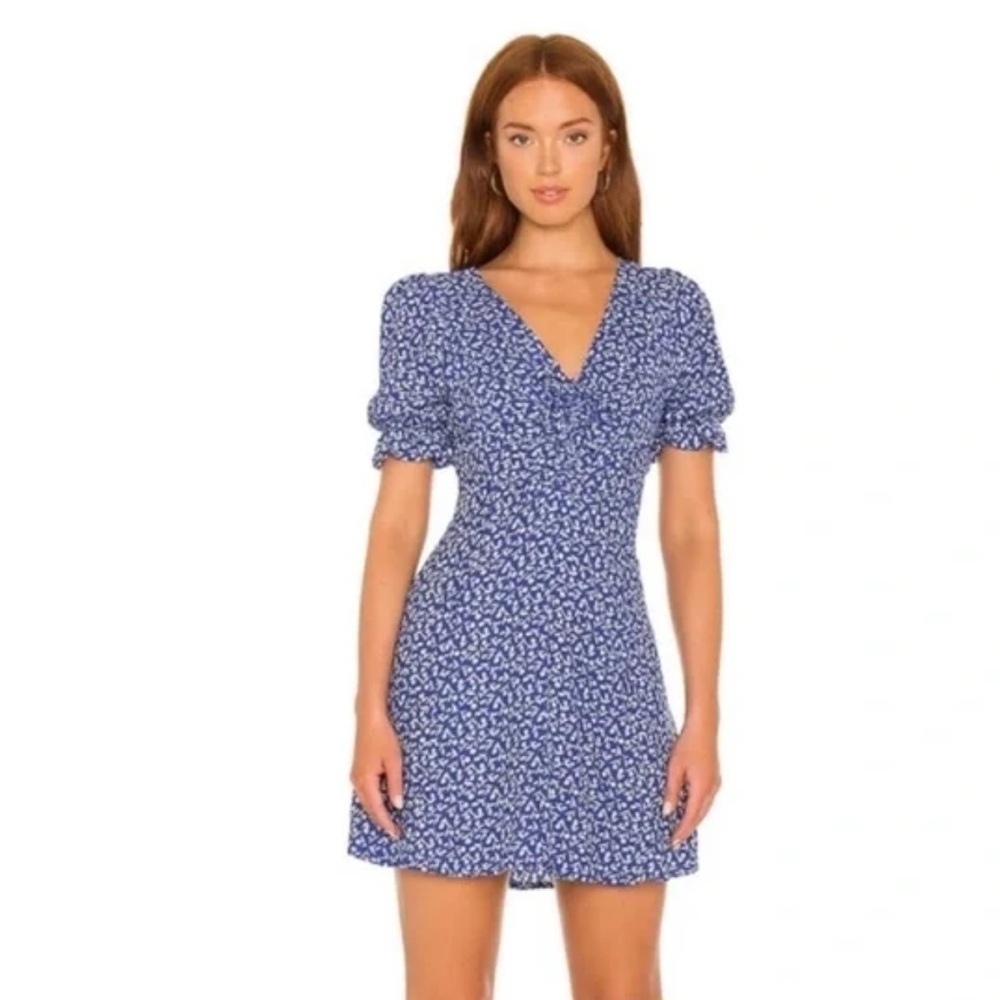 Faithfull the Brand Blue Floral Puff Sleeve Dress size US 4 excellent condition